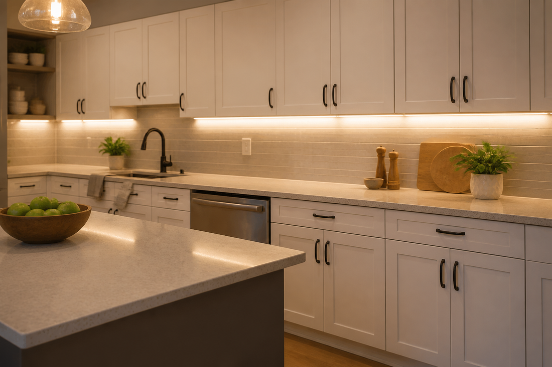 Smart under-cabinet lighting illuminating a modern kitchen countertop