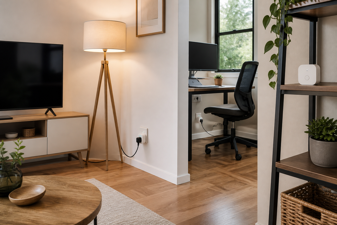 Smart plugs and a wireless sensor used to monitor devices in a living room and home office