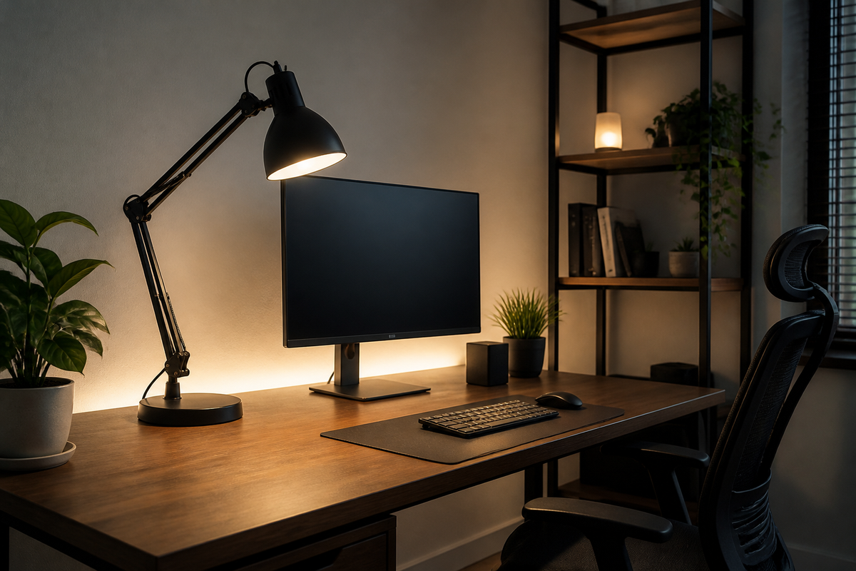 Layered smart home office lighting with ambient room light, side task lighting, and soft background light behind a monitor