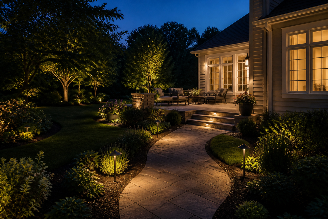 Smart garden lighting divided between a walkway, patio entrance, and planted feature areas at dusk