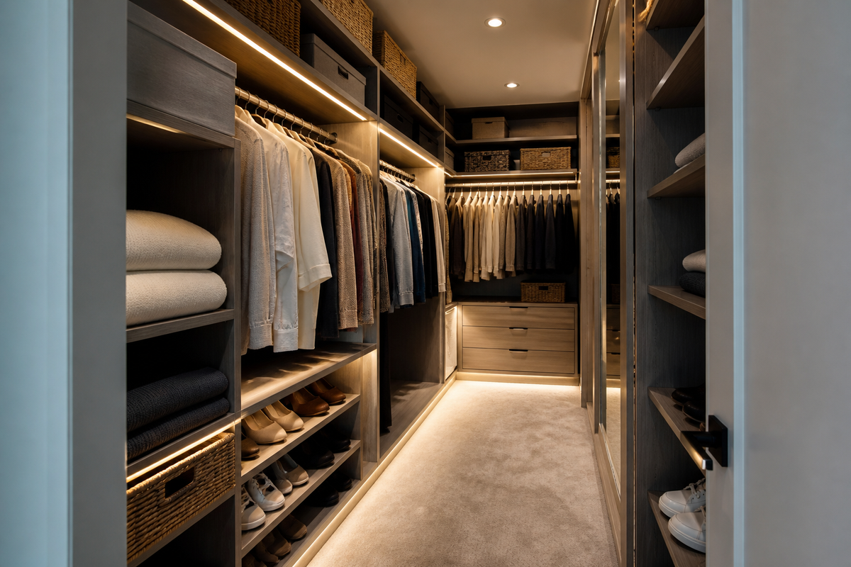 Organized closet with zoned storage and automated lighting illuminating shelves, hanging clothes, and floor areas