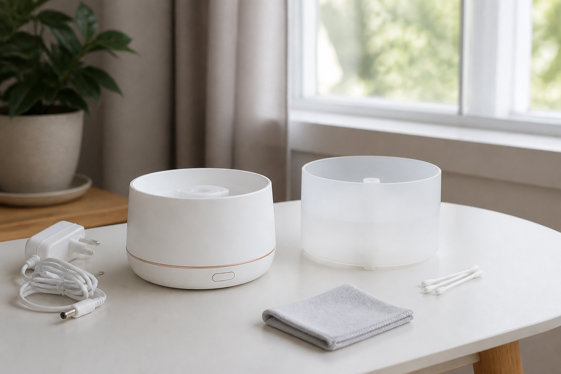 Powered-off smart diffuser with its empty reservoir removed for cleaning beside a lint-free cloth and cotton swabs