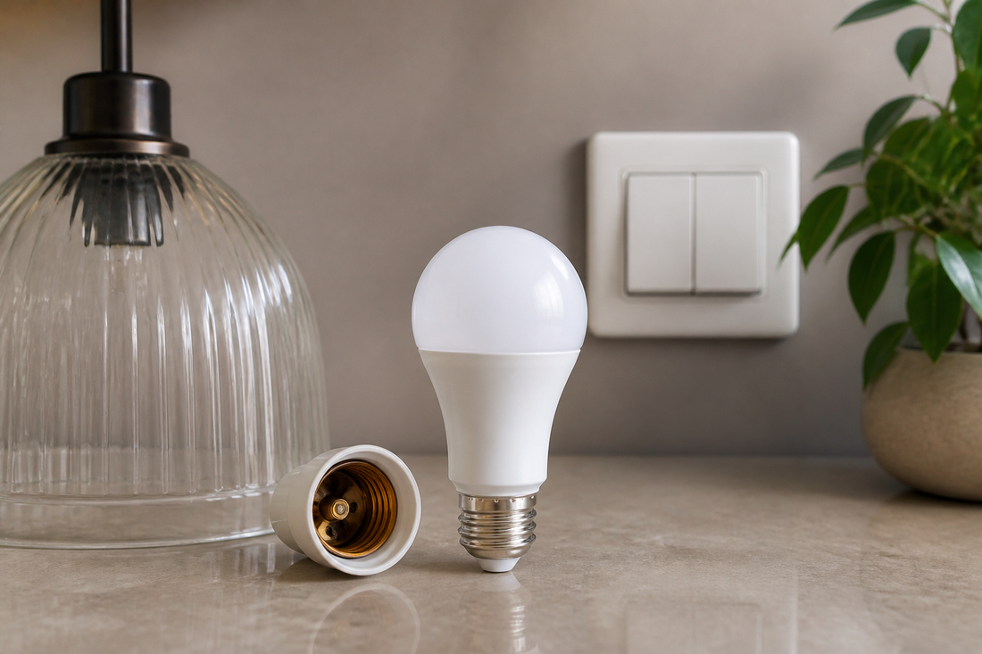Smart light bulb placed beside an open lamp socket, an enclosed glass fixture, and a wall switch
