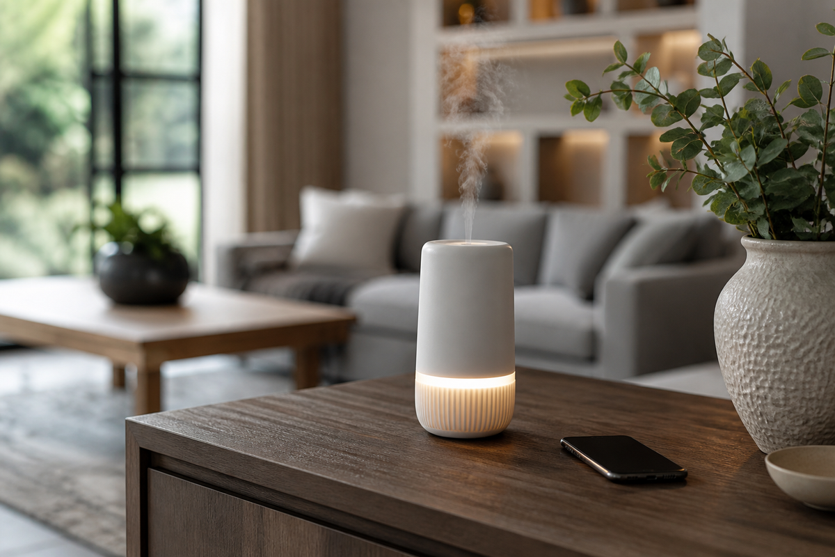 Smart diffuser on a modern living room console with a phone nearby