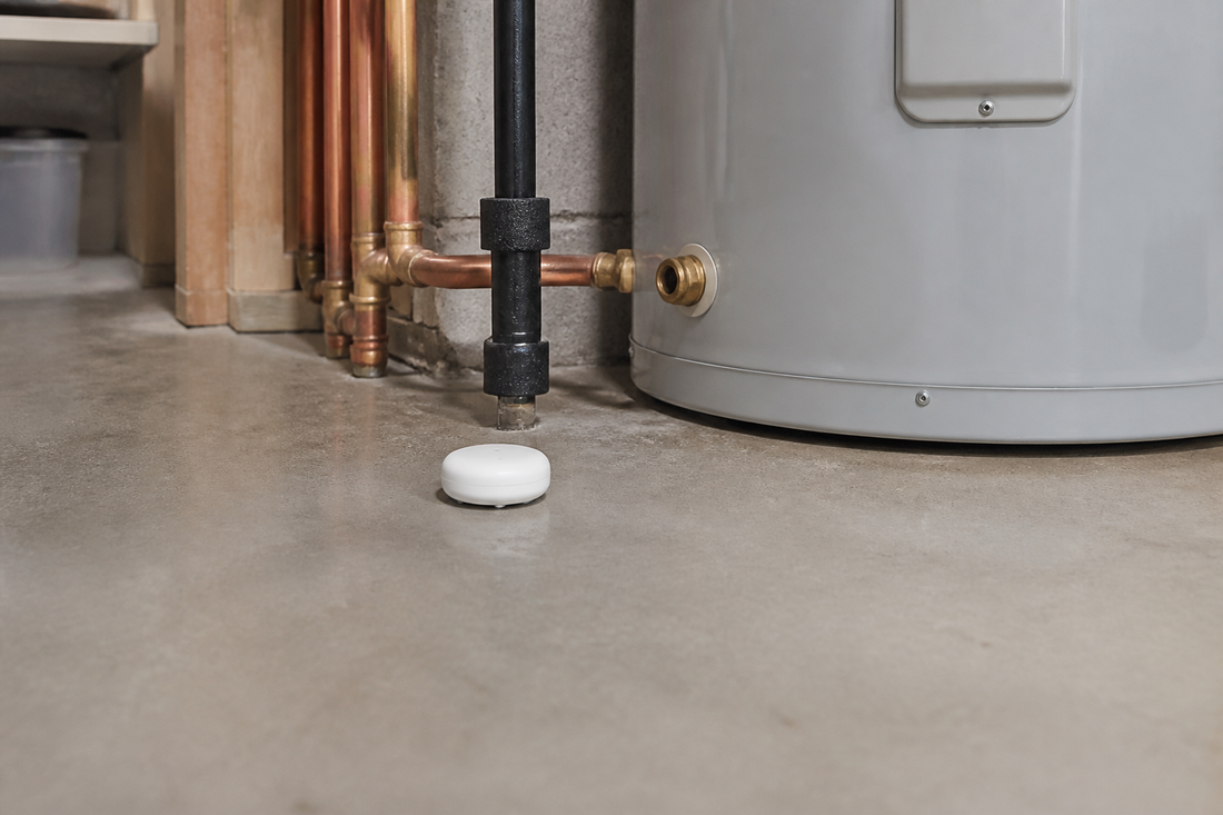 Smart water leak sensor on a basement floor near a water heater and household plumbing