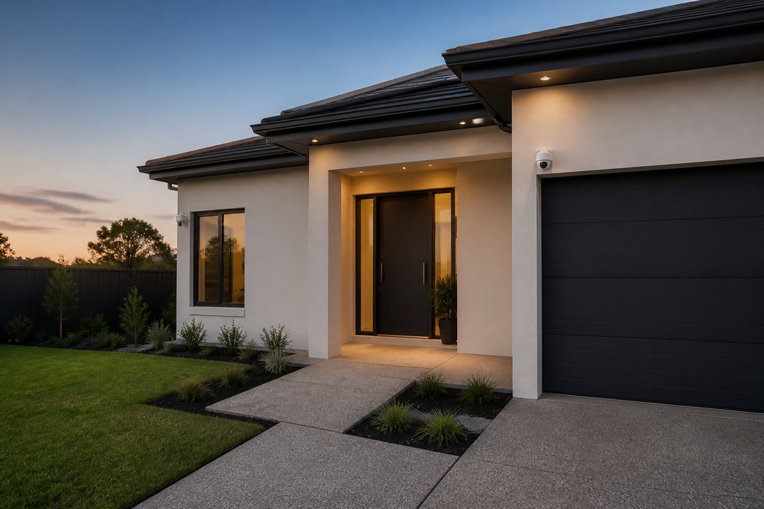Smart security cameras covering the front door, garage approach, and driveway of a suburban home