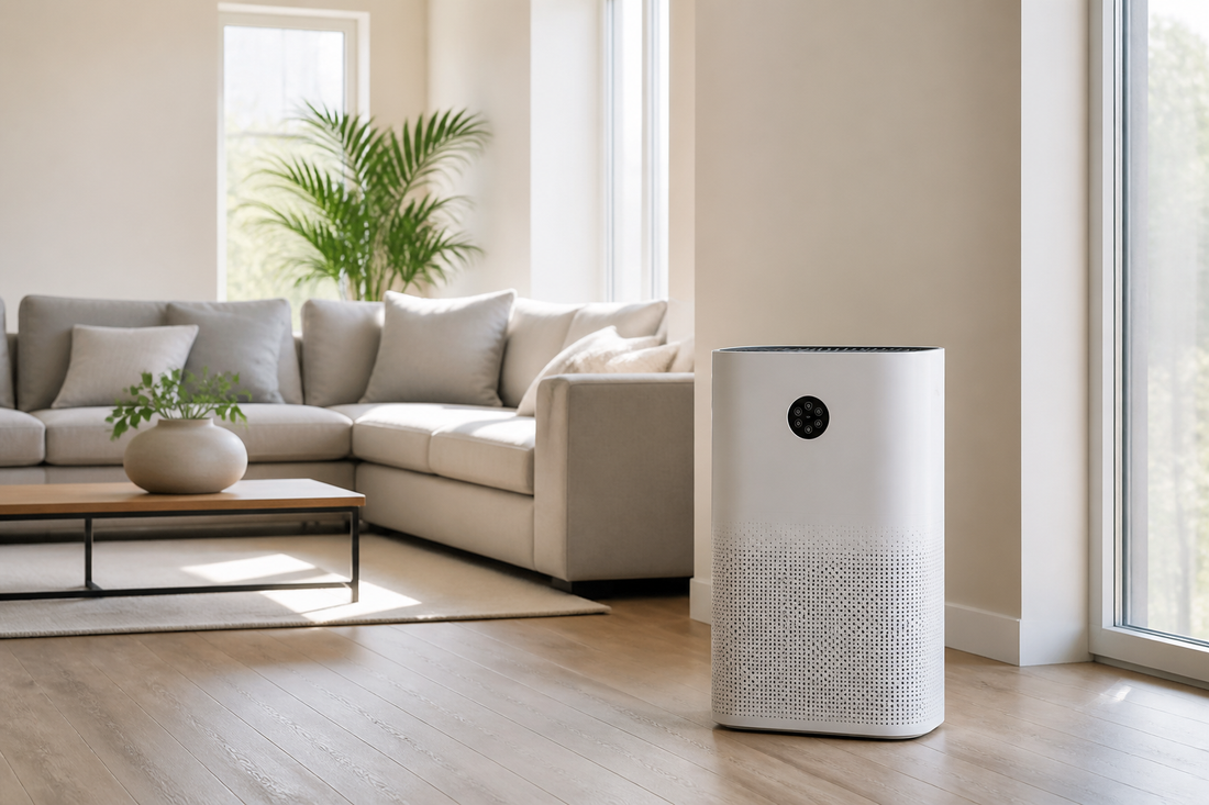 Smart air purifier in a bright modern living room
