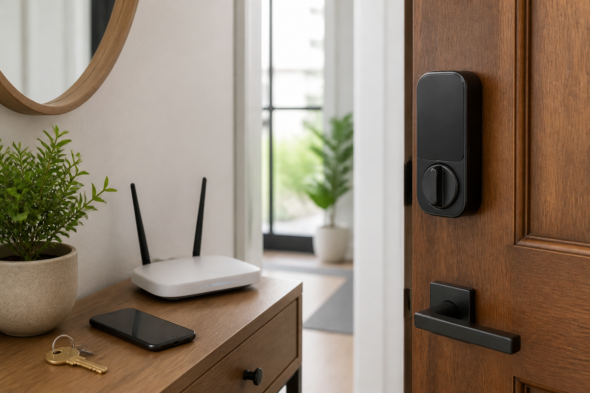 Smart door lock with a phone, home router, and physical key representing the complete access chain