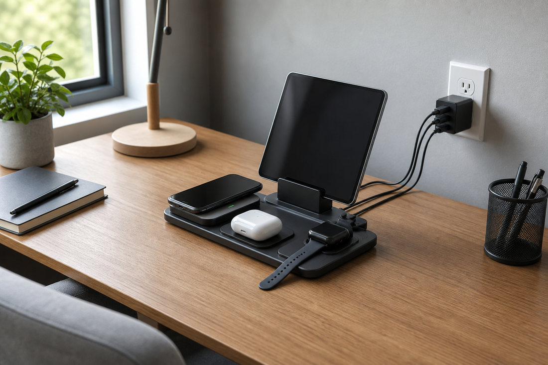 Organized charging station with a phone, tablet, smartwatch, earbuds case, and routed cables on a clean desk