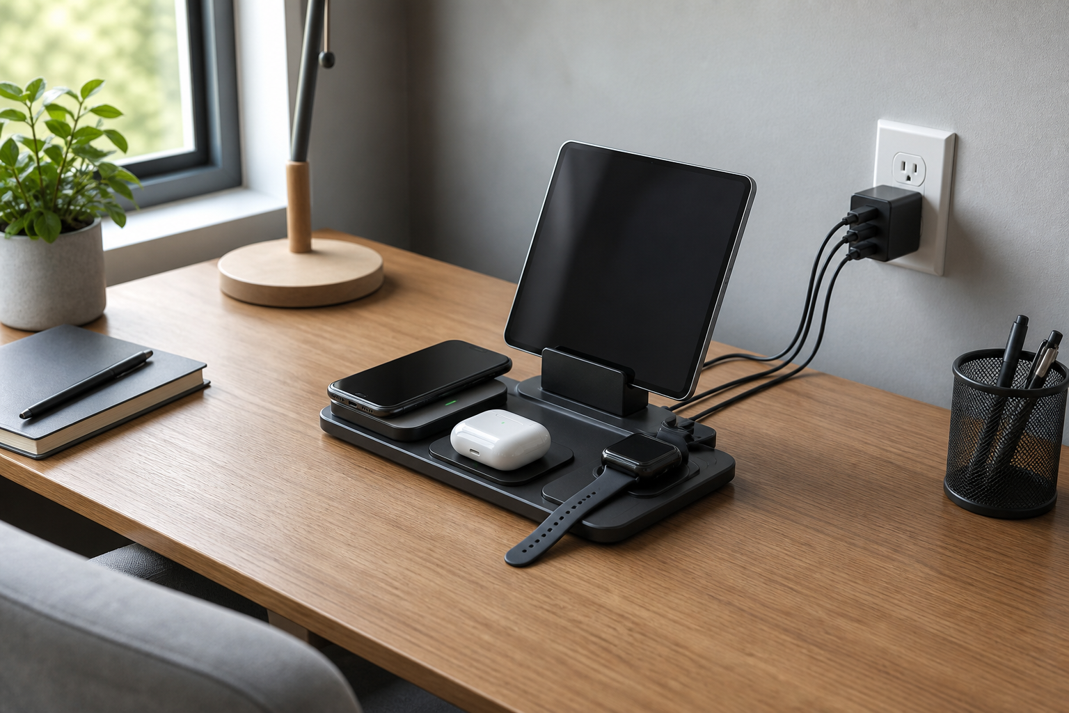 Organized charging station with a phone, tablet, smartwatch, earbuds case, and routed cables on a clean desk