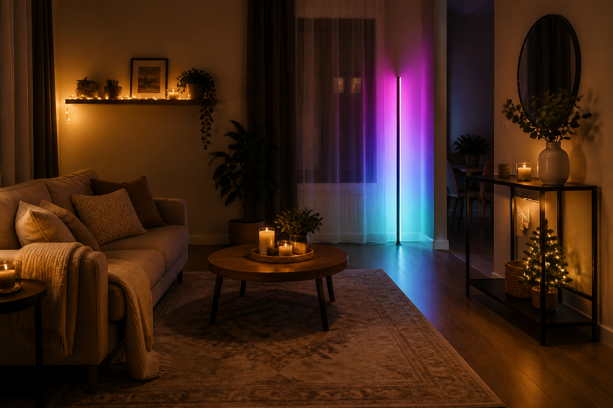 Cozy living room combining a shelf strand, corner lamp, and small seasonal accent for smart everyday and holiday lighting