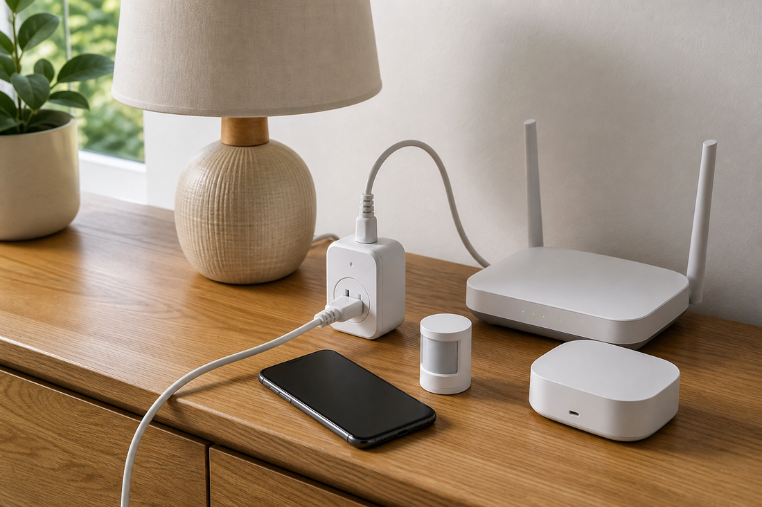 Matter troubleshooting setup with a smart plug, battery sensor, smartphone, router, and home controller arranged together