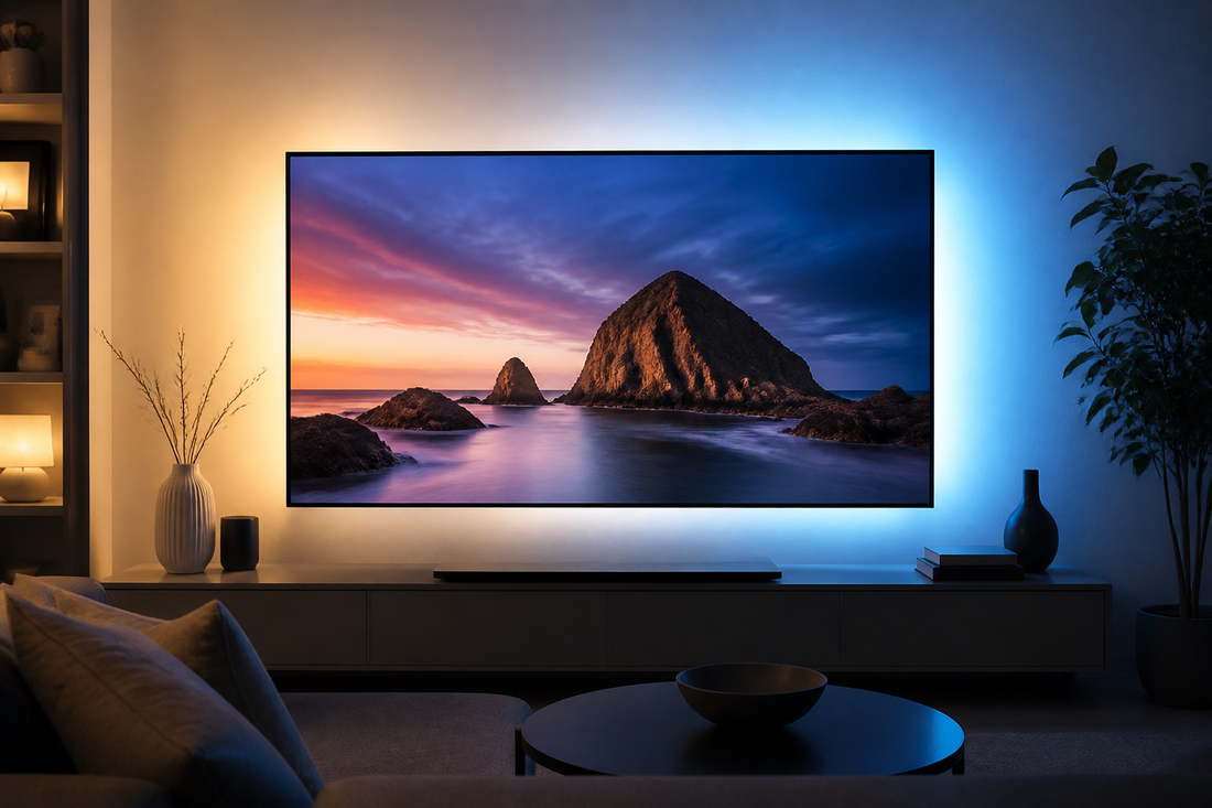 Smart LED backlighting glowing behind a large television in a modern living room