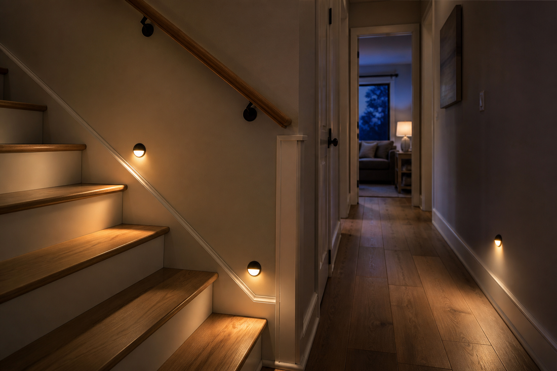 Smart motion-sensor lights illuminating a residential staircase and hallway at night