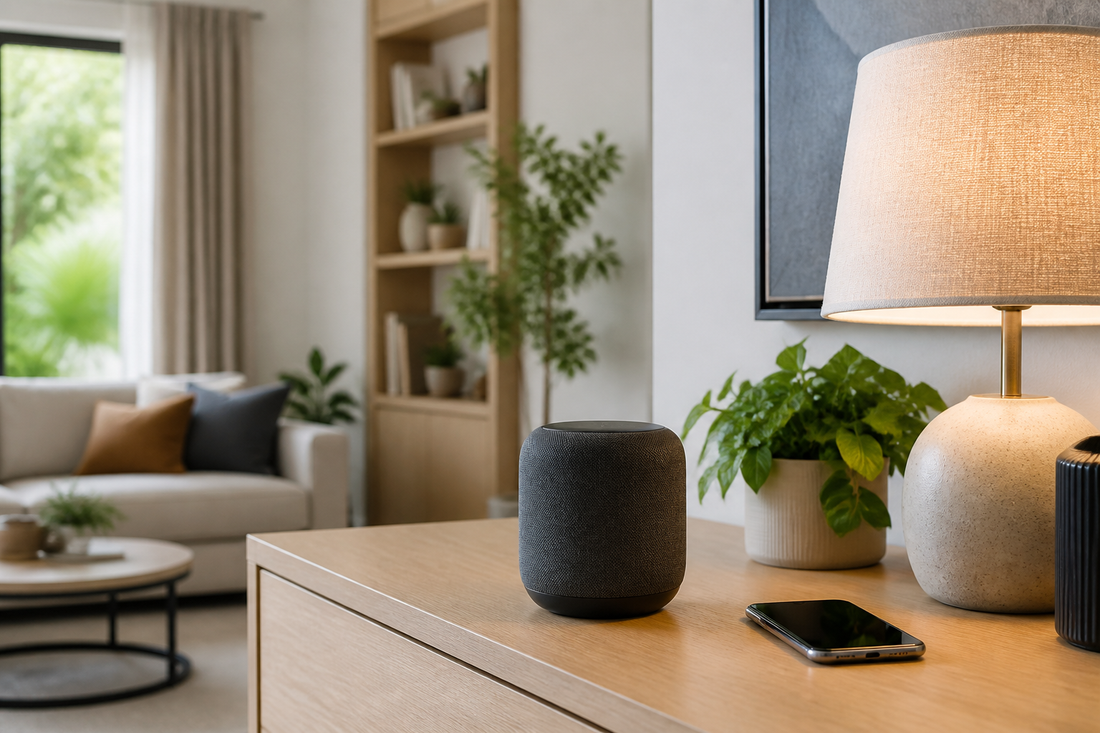 Smart speaker on a living room shelf beside a lamp and smartphone for voice control and home automation