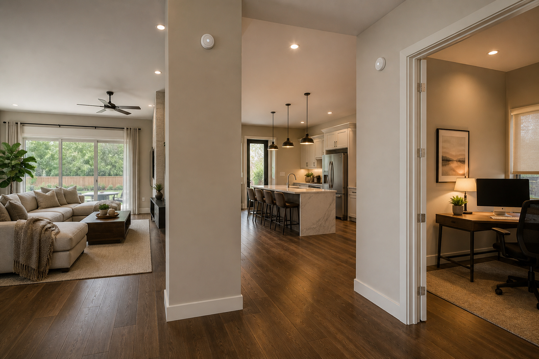 Smart occupancy sensors supporting different lighting routines across a living room, hallway, kitchen, and home office