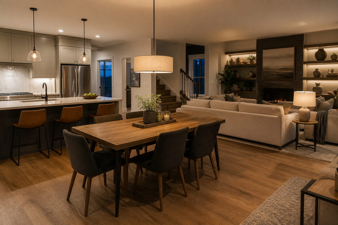 Open-concept kitchen, dining, and living areas illuminated as distinct smart lighting zones