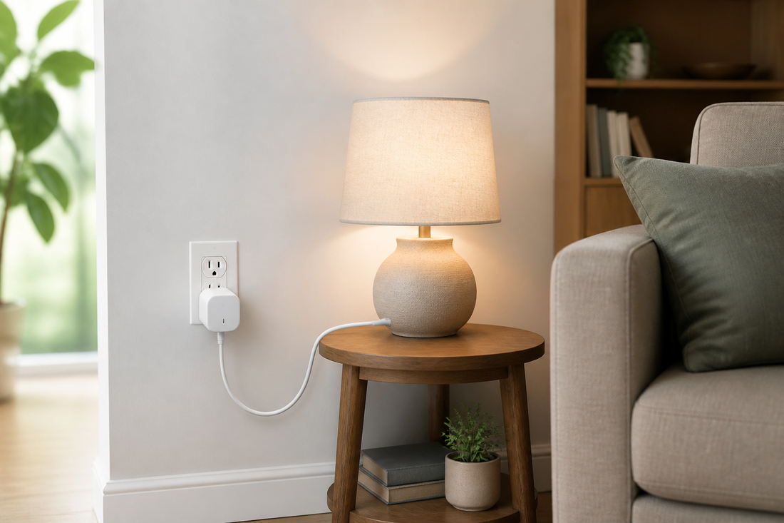 Smart plug controlling a small table lamp in a tidy living room