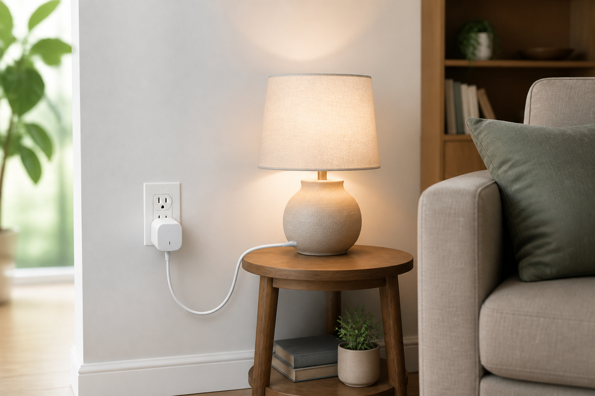 Smart plug controlling a small table lamp in a tidy living room