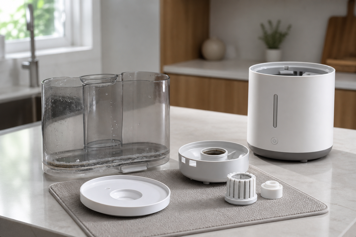 Smart humidifier with its removable tank and water-contact parts arranged for routine maintenance