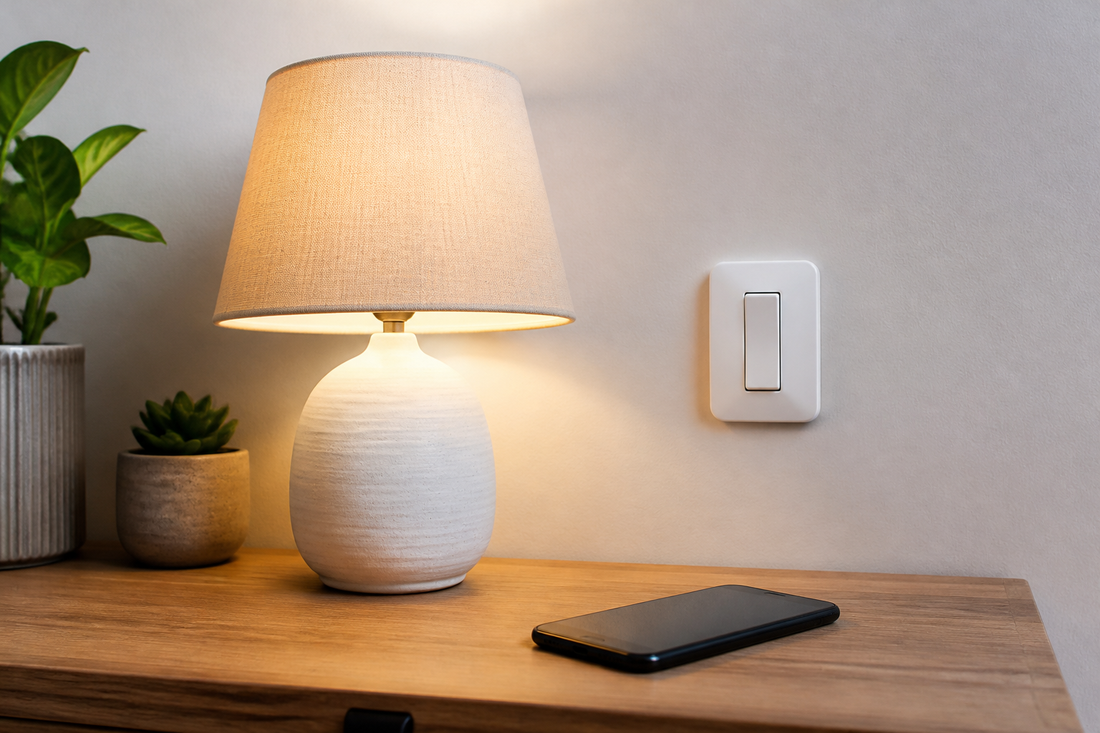 Illuminated smart bulb being checked in a residential lamp with a wall switch and phone nearby