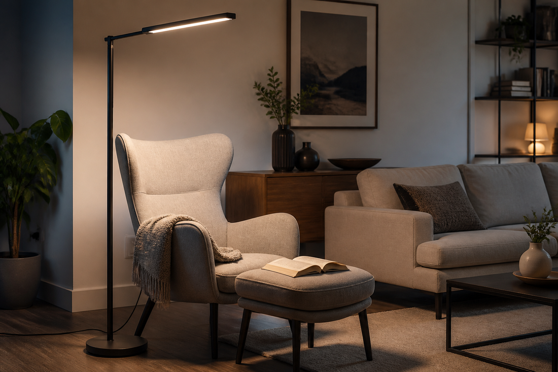 Smart floor lamp beside a reading chair providing focused light for a book and softer ambient light for the living room