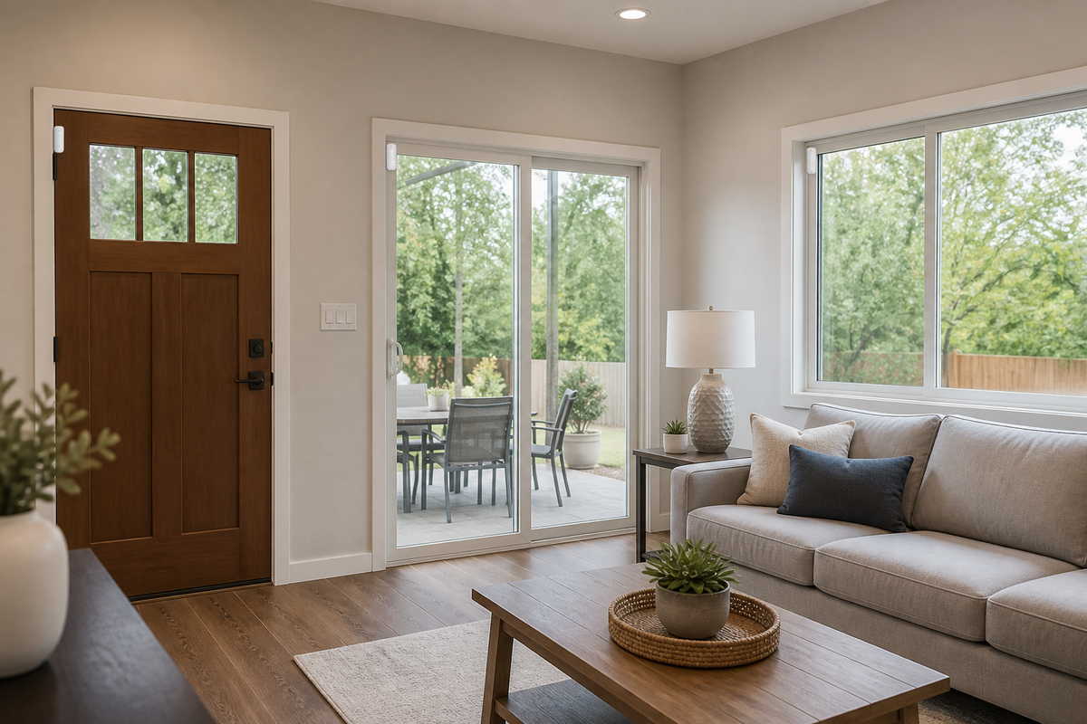 Smart contact sensors covering a front door, patio door, and accessible ground-level window in a home