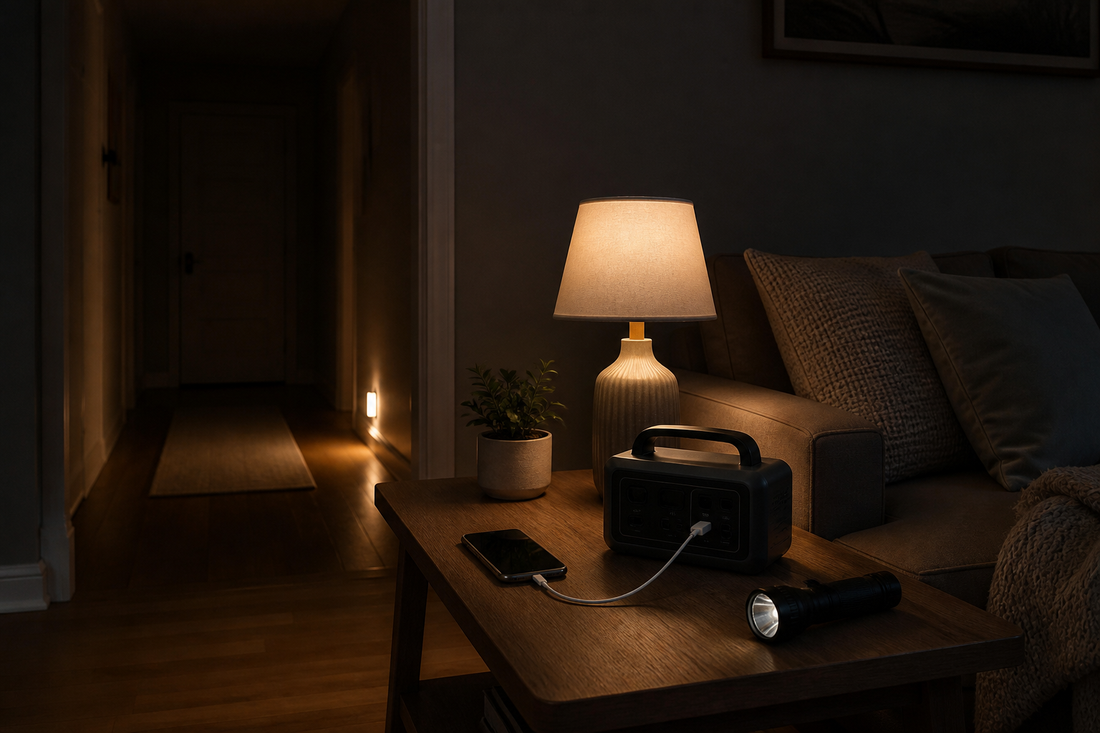 Emergency lighting setup with a smart night light, battery-backed lamp, flashlight, and phone during a home power outage