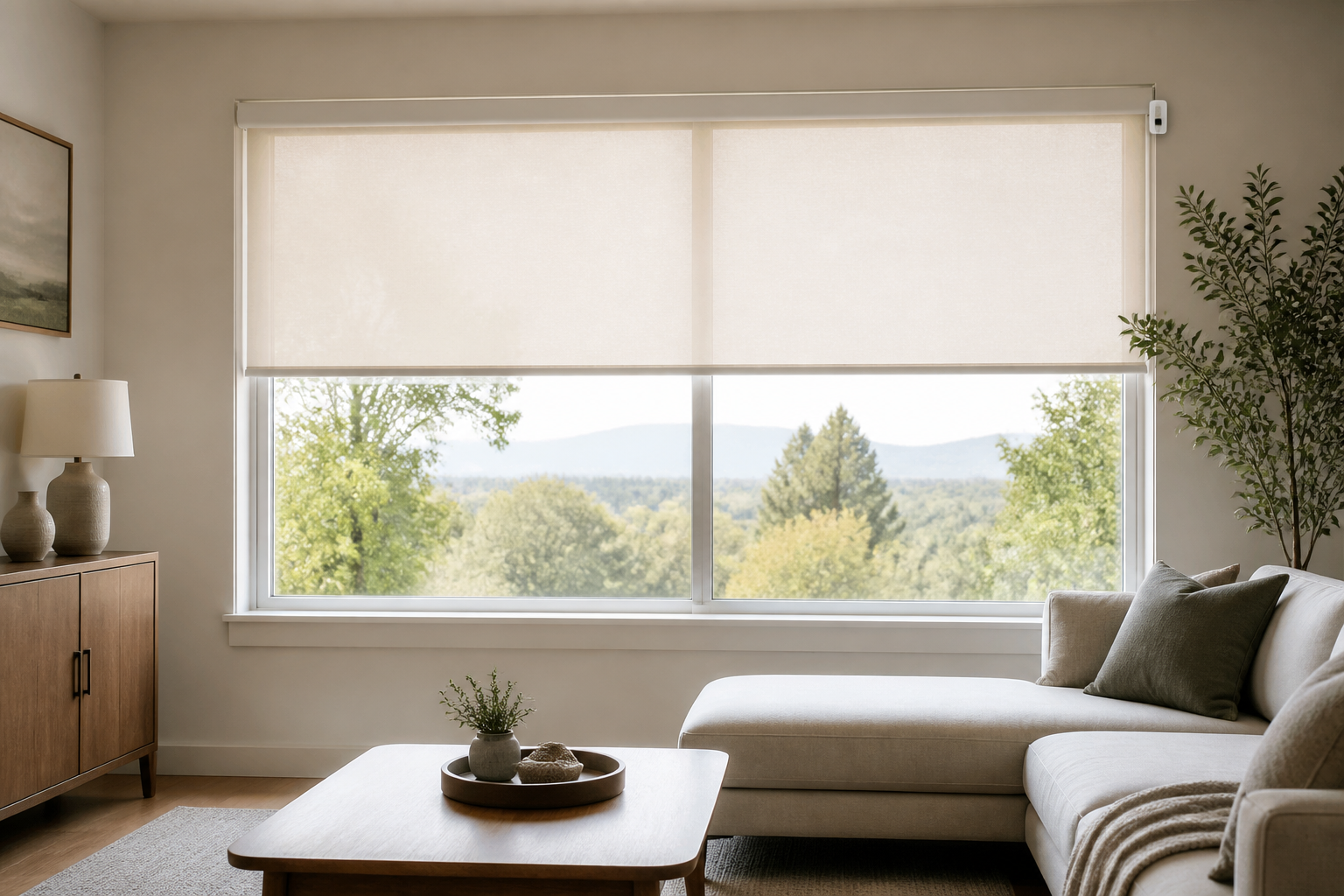 Modern living room with a partially adjusted motorized shade balancing privacy and natural daylight