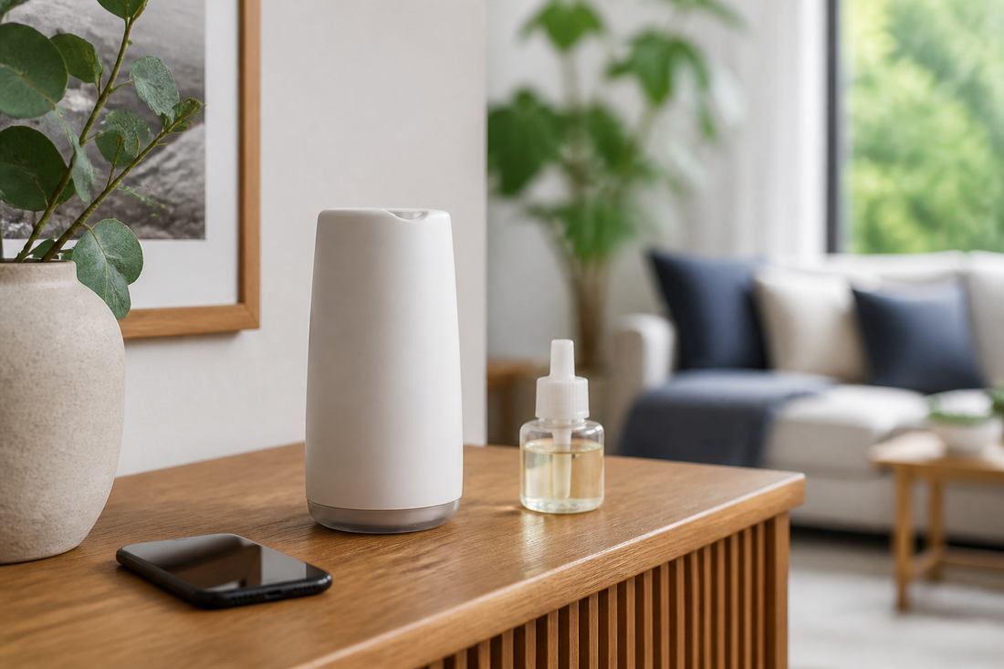 Smart air freshener, fragrance refill, and smartphone arranged on a living room console