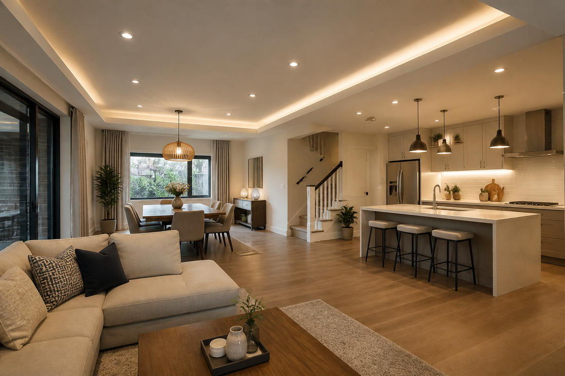 Smart ceiling lights illuminating several coordinated rooms in a modern home