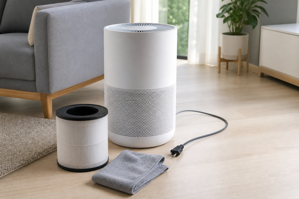 Smart air purifier beside a replacement filter and dry cleaning cloth in a bright home