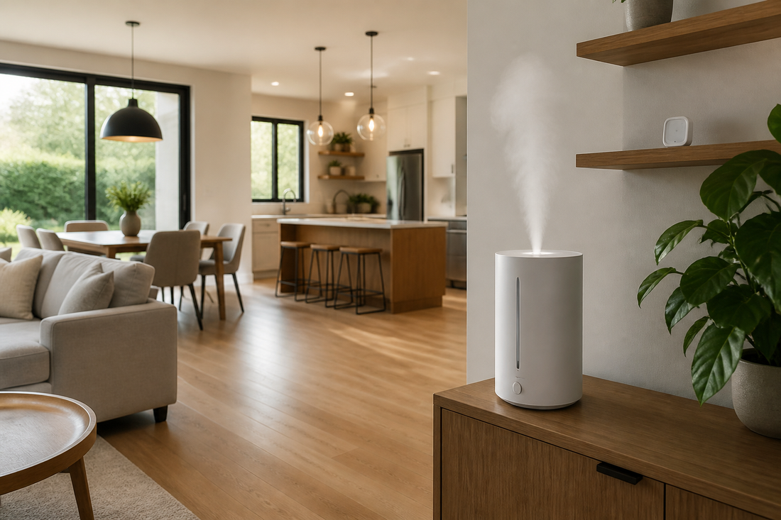 Smart humidifier placed in an open living area with clear space around it and a separate humidity sensor positioned nearby
