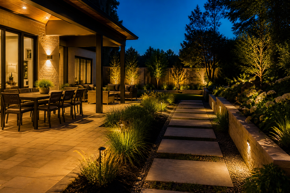 Layered smart patio lighting illuminating seating, dining, a pathway, and nearby garden areas at dusk