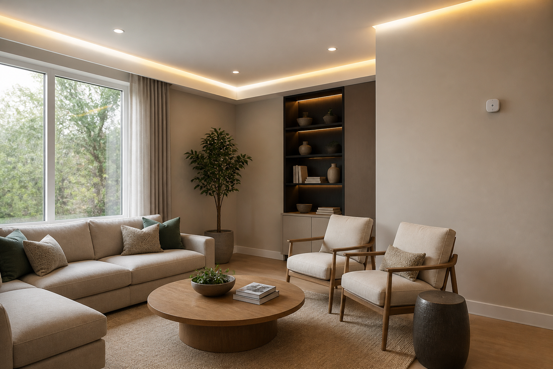 Smart ceiling lights operating in a living room with a wall-mounted daylight sensor measuring the room's ambient light