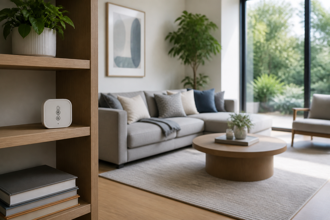 Smart temperature and humidity sensor on an open shelf in a comfortable living room