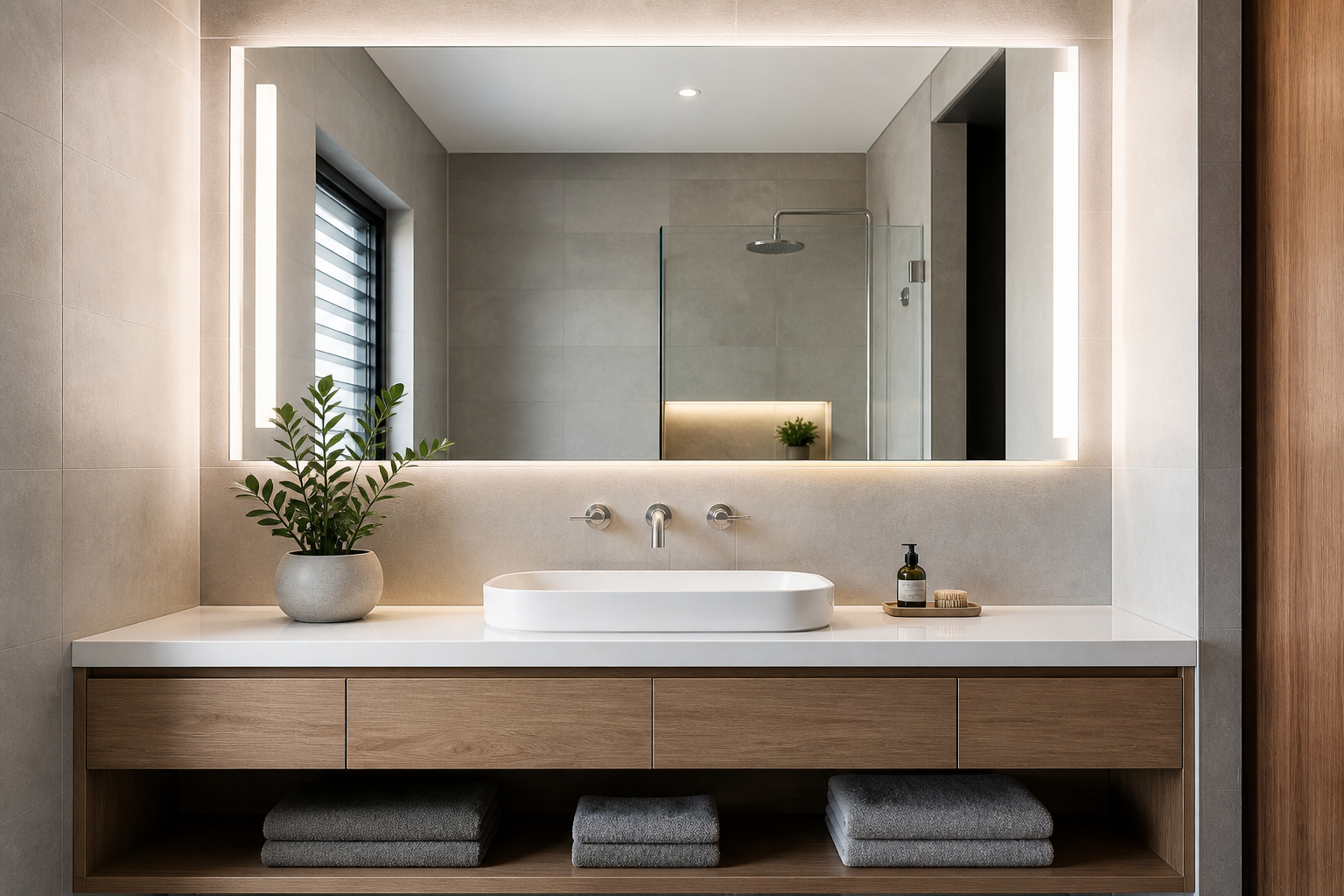 Modern bathroom vanity with an evenly illuminated smart mirror