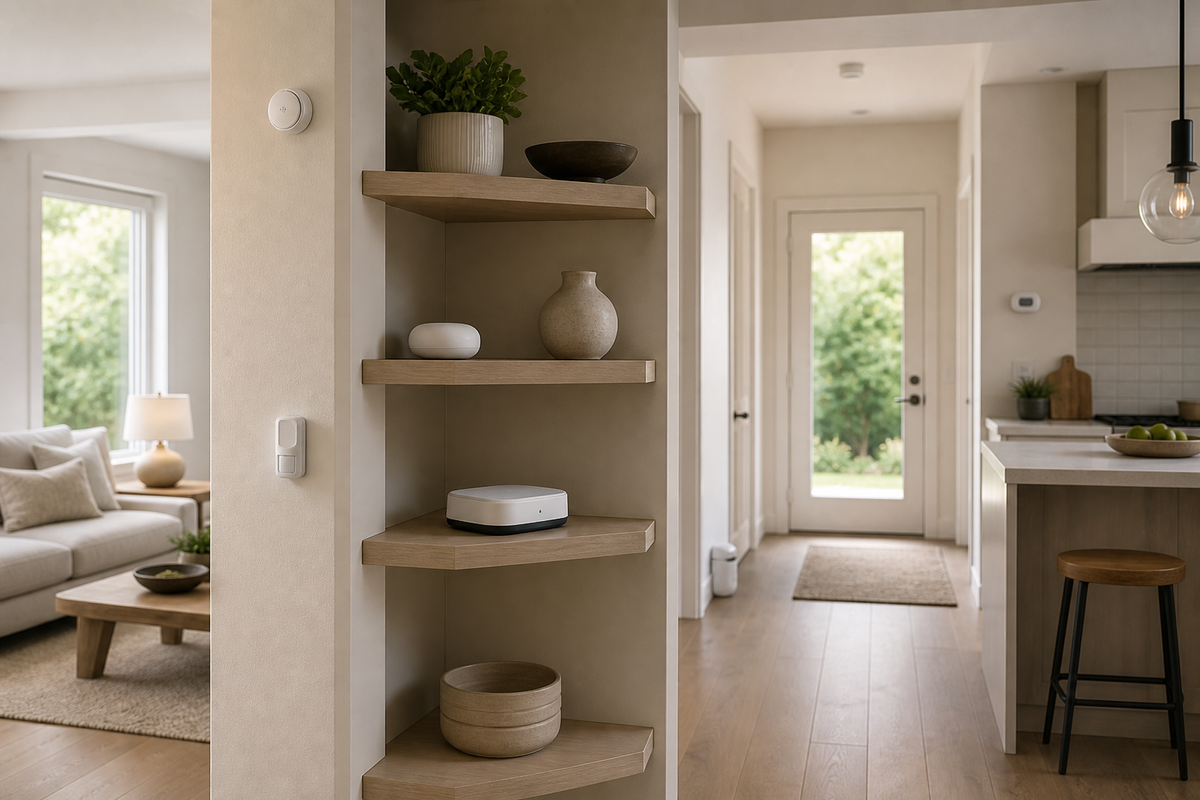 A modern home with Thread-enabled sensors in different rooms and a centrally placed Matter controller with a Thread border router