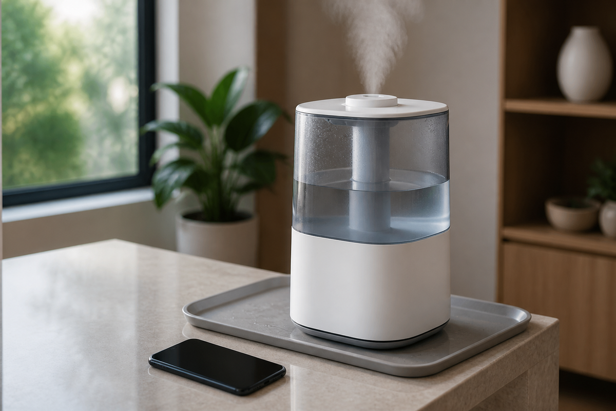 Smart humidifier operating on a level water-resistant surface during a basic troubleshooting check