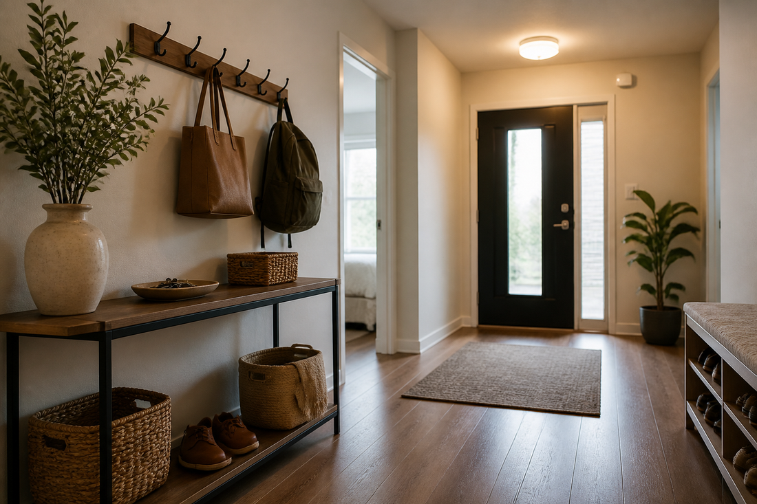 Organized smart entryway with a narrow console, key tray, storage baskets, hooks, and sensor lighting