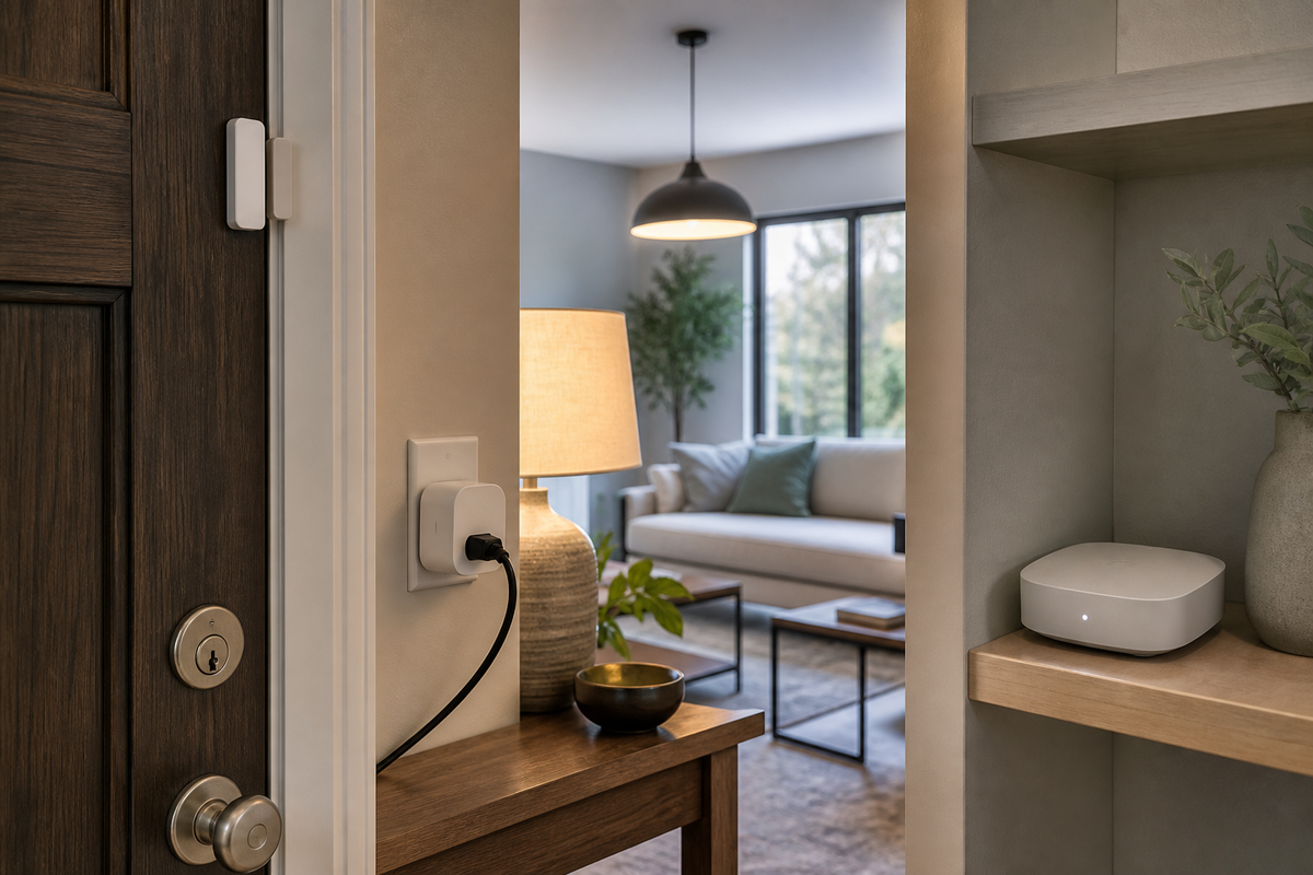 Matter smart home setup with a battery sensor, powered smart plug, smart light, and network hub in different parts of a home