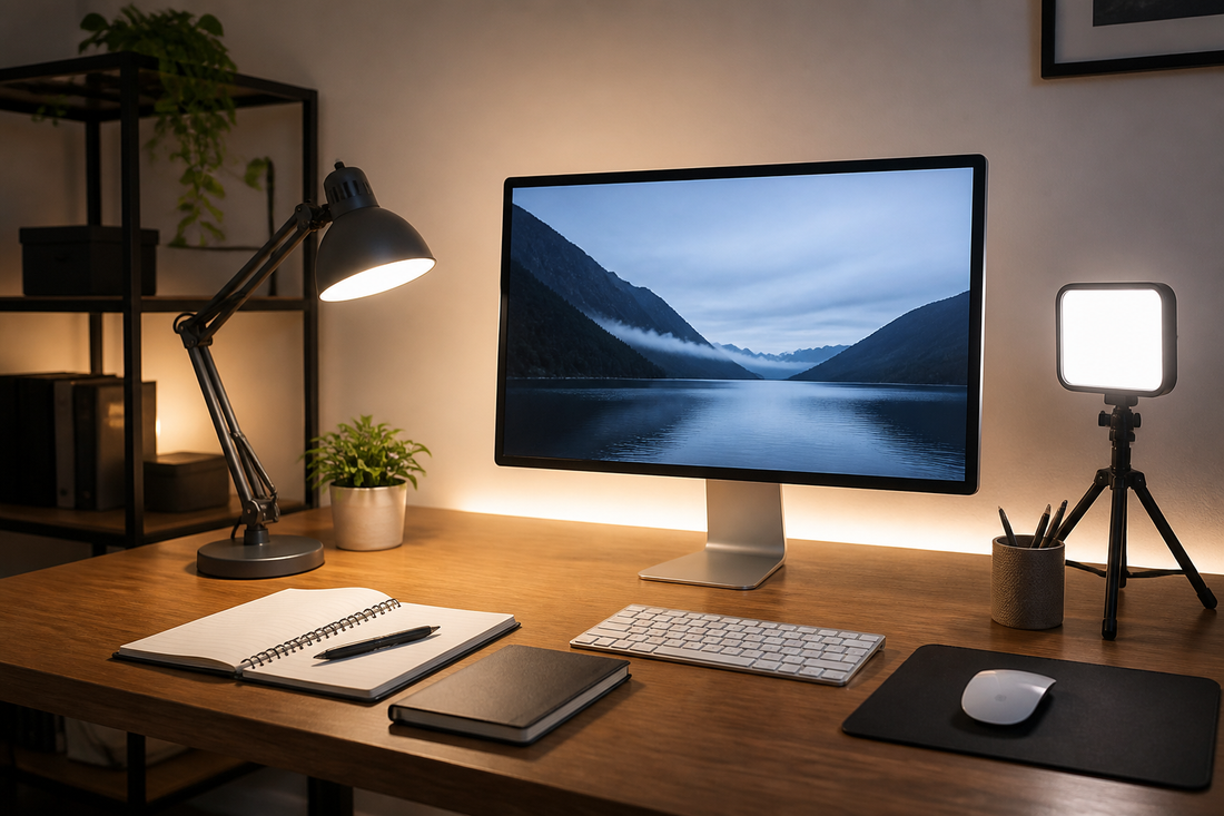Layered desk lighting setup with task, video-call, and ambient lights
