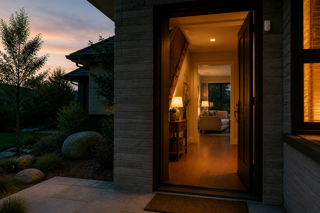 Home prepared for vacation with selected lights on and entry security sensors in place