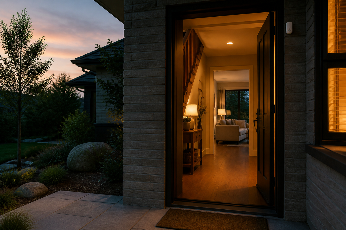 Home prepared for vacation with selected lights on and entry security sensors in place