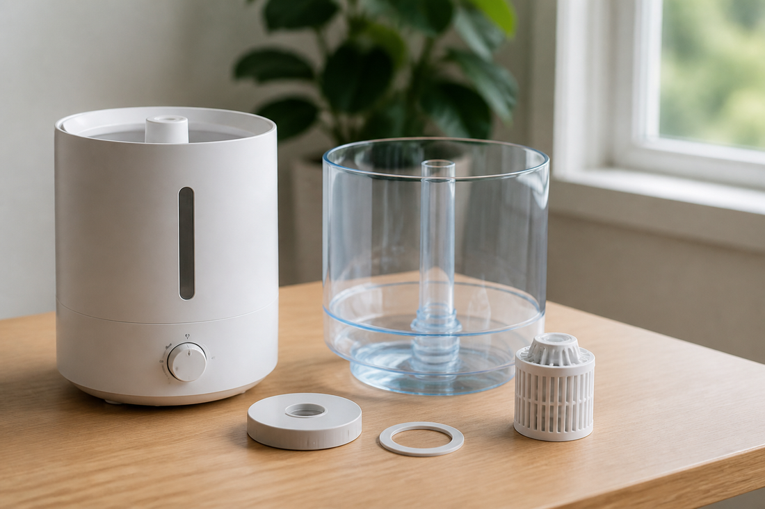 Smart humidifier with its replacement tank, cap, gasket, and filter arranged beside it