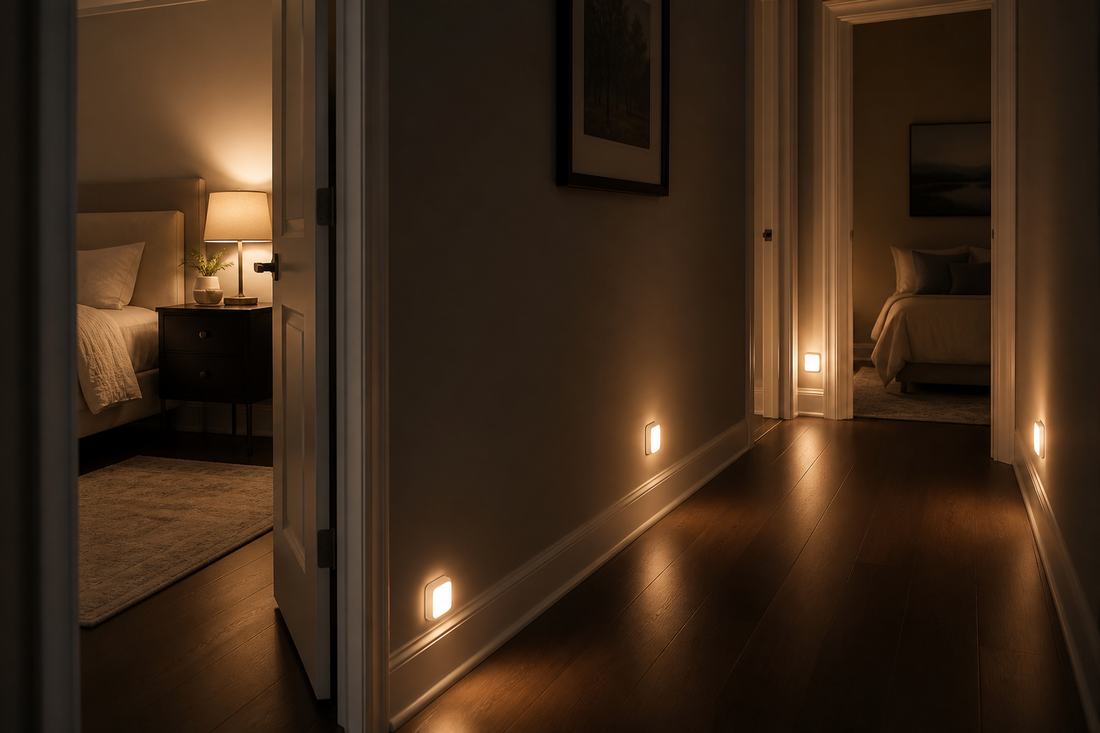 Smart night lights providing gentle illumination in a bedroom, hallway, and guest room