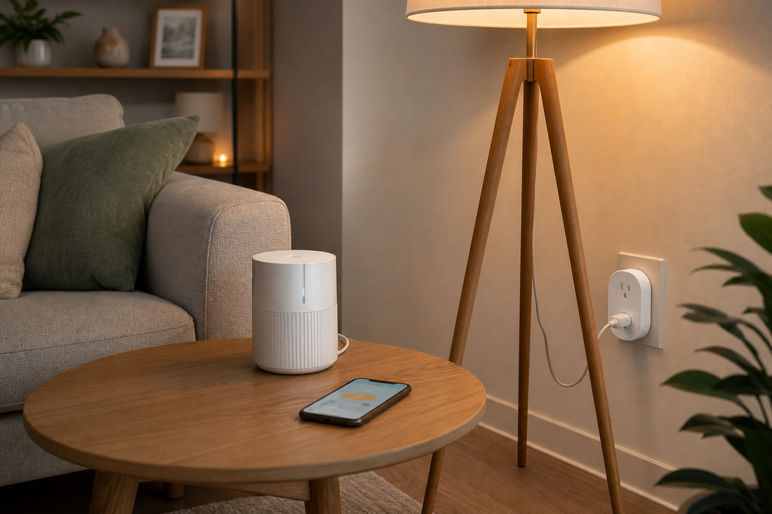 Smart plug controlling a lamp and small home appliances in a modern living room