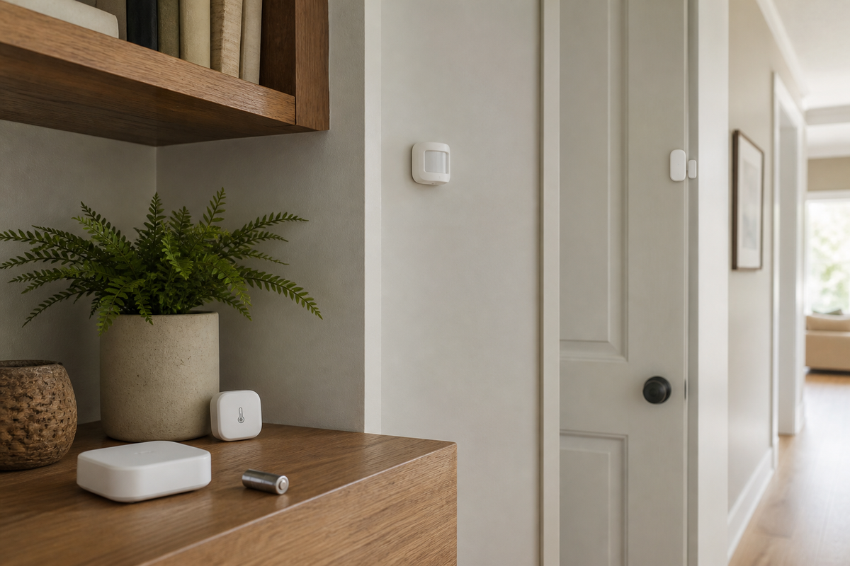 Several smart home sensors correctly positioned around a living space with a wireless hub and a replacement battery nearby
