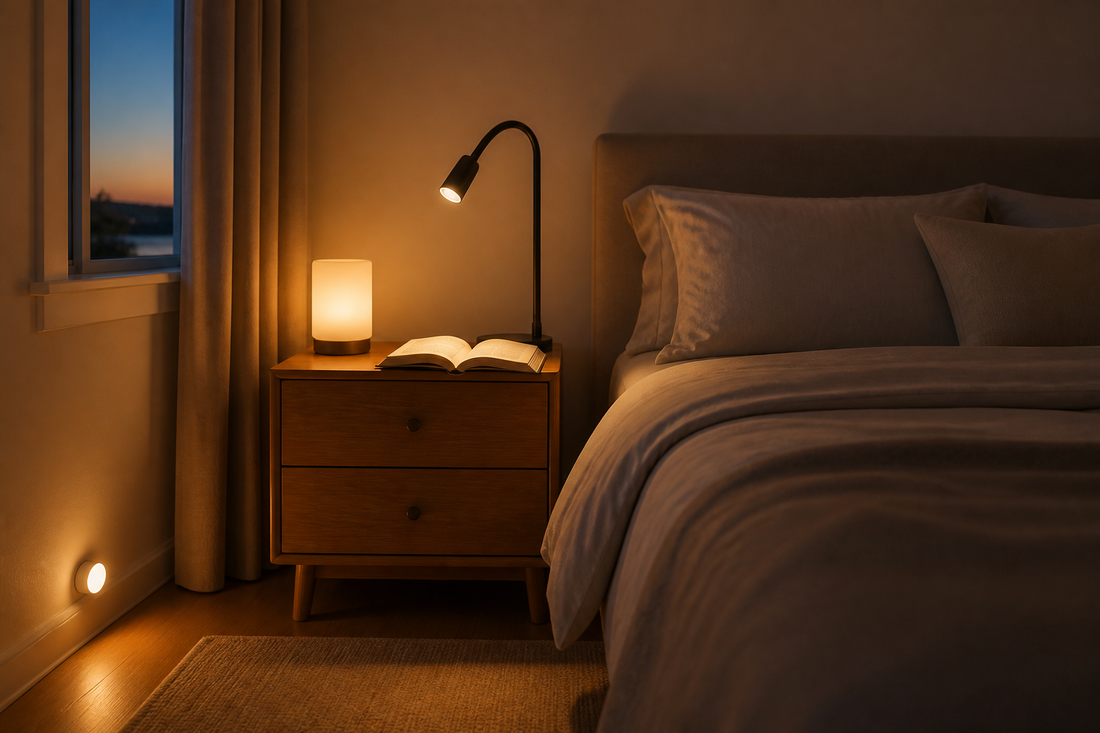 Smart bedside lighting setup with a reading lamp, warm ambient lamp, and subtle night light in a modern bedroom
