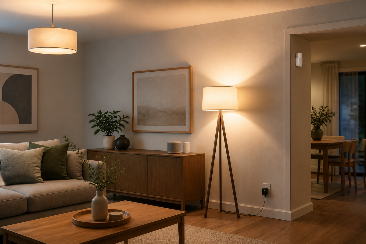 Matter smart home setup with connected lights, a plug-controlled lamp, a doorway sensor, and a compatible smart speaker in a living room